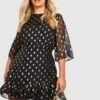 Vestito A Trapezio Plus Size A Pois Metallizzati Con Volant