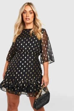 Vestito A Trapezio Plus Size A Pois Metallizzati Con Volant