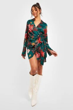 Vestito Camicia Scaldacuore In Raso A Fiori Drappeggiato -Negozio al dettaglio Vestiti gzz28971 green xl 2