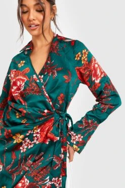 Vestito Camicia Scaldacuore In Raso A Fiori Drappeggiato -Negozio al dettaglio Vestiti gzz28971 green xl 3