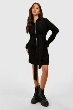 Vestito A Trapezio In Velluto A Coste Con Cintura