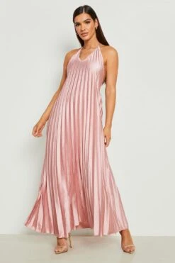 Vestito Maxi Allacciato Al Collo In Raso Con Pieghe