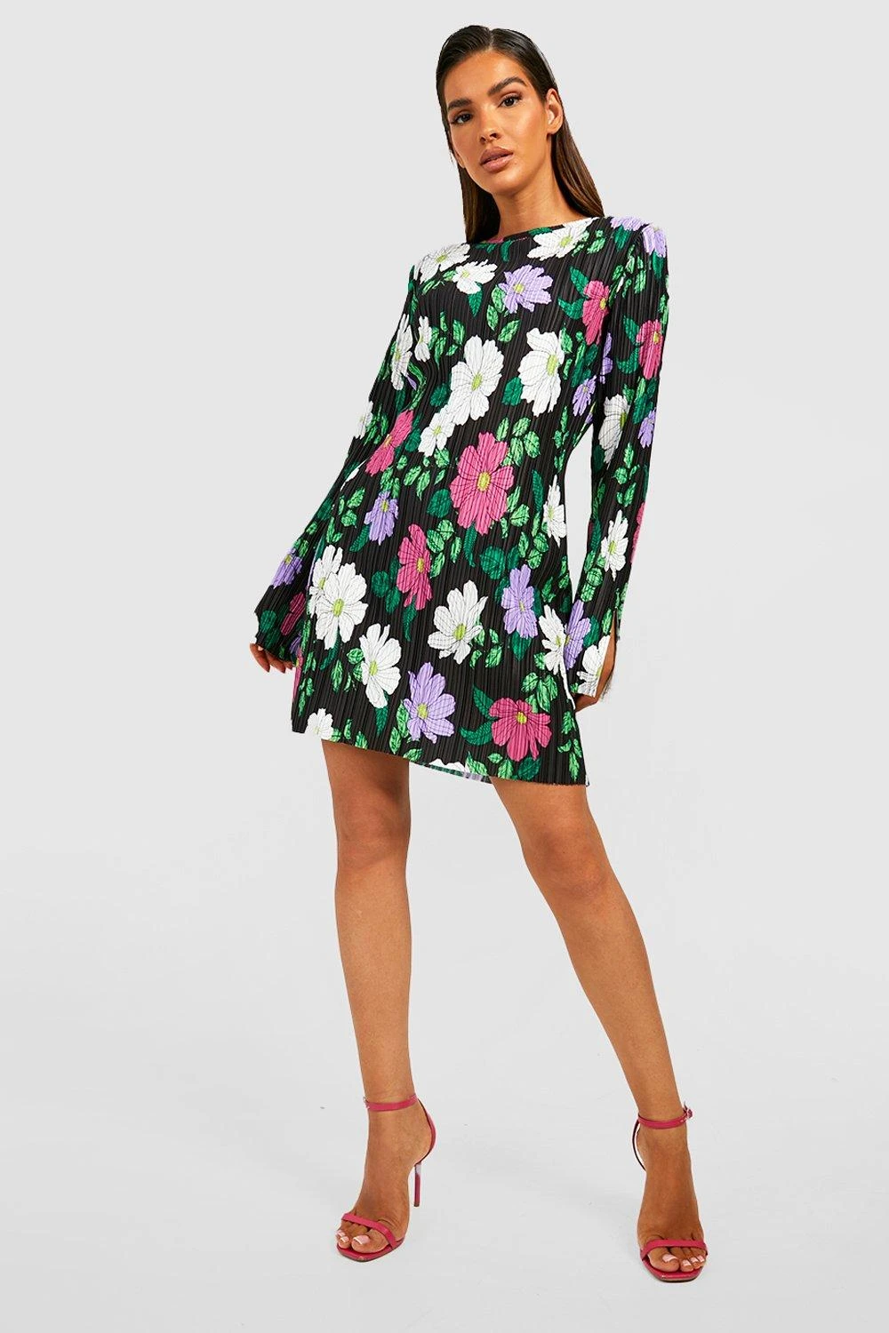 Vestito Plissettato A Fiori Con Spalline Imbottite 3 Vestito Plissettato A Fiori Con Spalline Imbottite - immagine 3