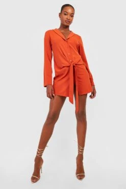 Vestito Camicia Tall Con Laccetti Frontali, Collette E Rever -Negozio al dettaglio Vestiti gzz29192 rust xl 2