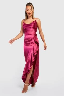 Vestito Maxi In Raso Con Scollo A Cappuccio E Arricciature