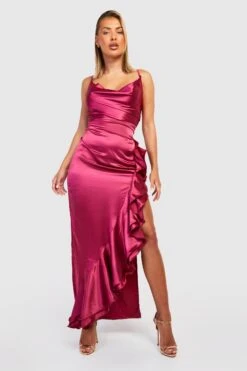 Vestito Maxi In Raso Con Scollo A Cappuccio E Arricciature -Negozio al dettaglio Vestiti gzz29390 cerise xl 2