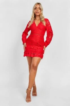 Vestito A Trapezio Plus Size In Pizzo Con Fondo Arricciato -Negozio al dettaglio Vestiti gzz29402 red xl 2