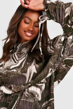 Vestito Plissettato Marmorizzato Con Ruches Sulle Maniche -Negozio al dettaglio Vestiti gzz29867 chocolate xl 3