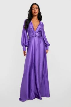 Vestito Maxi Tall In Raso Con Scollo Profondo E Maniche A Palloncino 6 Vestito Maxi Tall In Raso Con Scollo Profondo E Maniche A Palloncino -Negozio al dettaglio Vestiti gzz30047 purple xl 2
