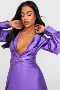 Vestito Maxi Tall In Raso Con Scollo Profondo E Maniche A Palloncino 7 Vestito Maxi Tall In Raso Con Scollo Profondo E Maniche A Palloncino -Negozio al dettaglio Vestiti gzz30047 purple xl 3