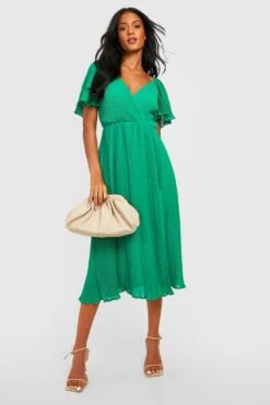 Vestito Midi Tall Plissettato Con Maniche Ad Angelo E Spacco -Negozio al dettaglio Vestiti gzz30054 green xl 2