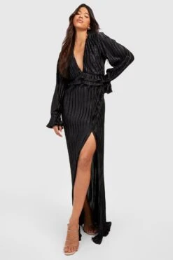 Vestito Maxi Tall In Raso Plissettato Con Arricciature E Spacco -Negozio al dettaglio Vestiti gzz30055 black xl 2