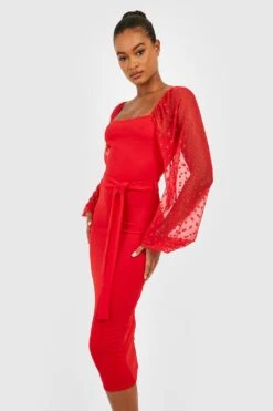 Vestito Midi Tall In Rete Plumetis Con Cintura -Negozio al dettaglio Vestiti gzz30059 red xl 2