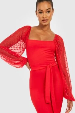 Vestito Midi Tall In Rete Plumetis Con Cintura -Negozio al dettaglio Vestiti gzz30059 red xl 3