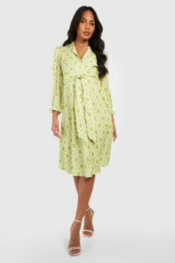 Vestito Camicia Midi Premaman Con Motivi Geometrici E Cintura -Negozio al dettaglio Vestiti gzz30120 green xl 2