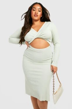 Vestito Midi Plus Size Con Dettagli Attorcigliati E Spacco Frontale -Negozio al dettaglio Vestiti gzz30138 sage xl 2
