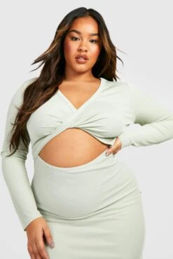 Vestito Midi Plus Size Con Dettagli Attorcigliati E Spacco Frontale -Negozio al dettaglio Vestiti gzz30138 sage xl 3