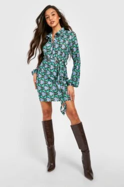 Vestito Camicia Plissettato Con Stampa Astratta E Cintura