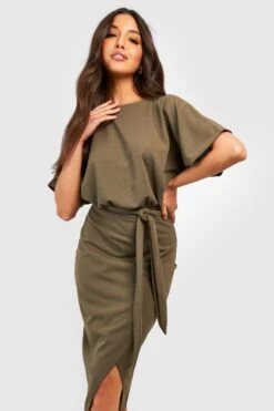 Vestito Midi Allacciato In Vita Con Scollo A Barchetta -Negozio al dettaglio Vestiti gzz30343 olive xl 2