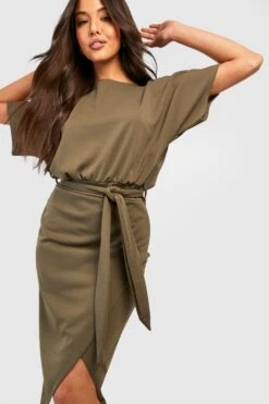 Vestito Midi Allacciato In Vita Con Scollo A Barchetta -Negozio al dettaglio Vestiti gzz30343 olive xl 3