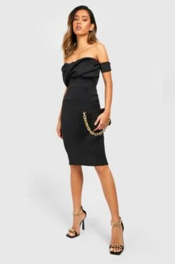 Vestito Midi In Scuba Rivestito Con Spalle Scoperte