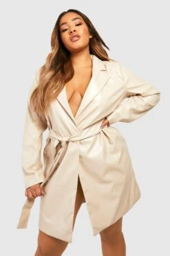 Vestito Blazer Plus Size In PU Effetto Pelle Con Cintura -Negozio al dettaglio Vestiti gzz30404 stone xl 3
