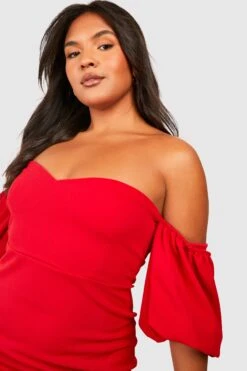 Vestito Longuette Plus Size Con Scollo Bardot E Maniche A Sbuffo -Negozio al dettaglio Vestiti gzz30409 red xl 2