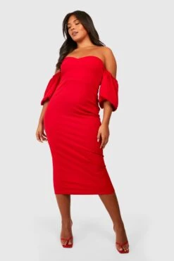 Vestito Longuette Plus Size Con Scollo Bardot E Maniche A Sbuffo -Negozio al dettaglio Vestiti gzz30409 red xl 3