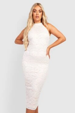 Vestito Longuette Plus Size In Pizzo A Contrasto Con Scollo A Vogatore