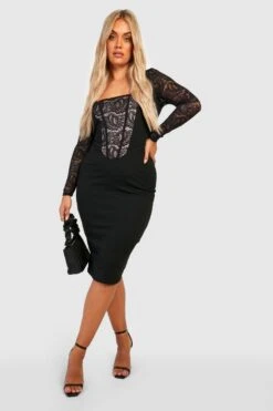 Vestito Midi Plus Size Con Pannelli In Pizzo A Contrasto 6 Vestito Midi Plus Size Con Pannelli In Pizzo A Contrasto -Negozio al dettaglio Vestiti gzz30418 black xl 2