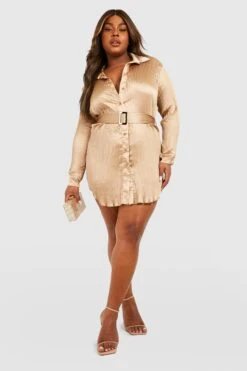 Vestito Camicia Plus Size In Raso Plissettato Con Cintura