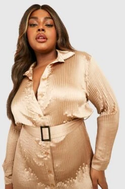 Vestito Camicia Plus Size In Raso Plissettato Con Cintura -Negozio al dettaglio Vestiti gzz30439 stone xl 2