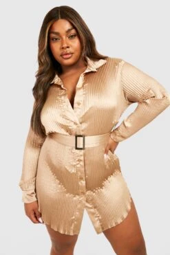 Vestito Camicia Plus Size In Raso Plissettato Con Cintura -Negozio al dettaglio Vestiti gzz30439 stone xl 3