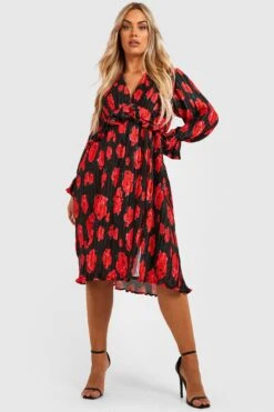 Vestito Midi Plus Size In Raso A Pieghe A Fiori Con Scollo Profondo