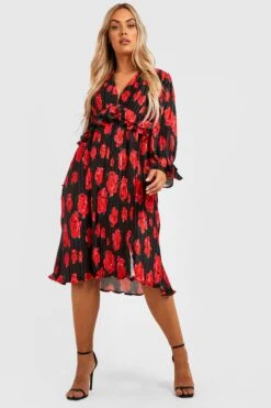 Vestito Midi Plus Size In Raso A Pieghe A Fiori Con Scollo Profondo -Negozio al dettaglio Vestiti gzz30457 black xl 2