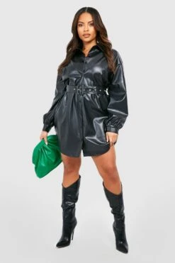Vestito Camicia Plus Size In PU Con Cintura -Negozio al dettaglio Vestiti gzz30462 black xl 2