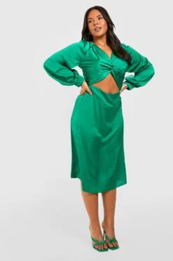 Vestito Midi Plus Size In Raso Con Nodo Frontale -Negozio al dettaglio Vestiti gzz30486 green xl 2