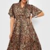 Vestito Midi Plus Size In Raso Leopardato A Pieghe