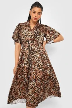 Vestito Midi Plus Size In Raso Leopardato A Pieghe