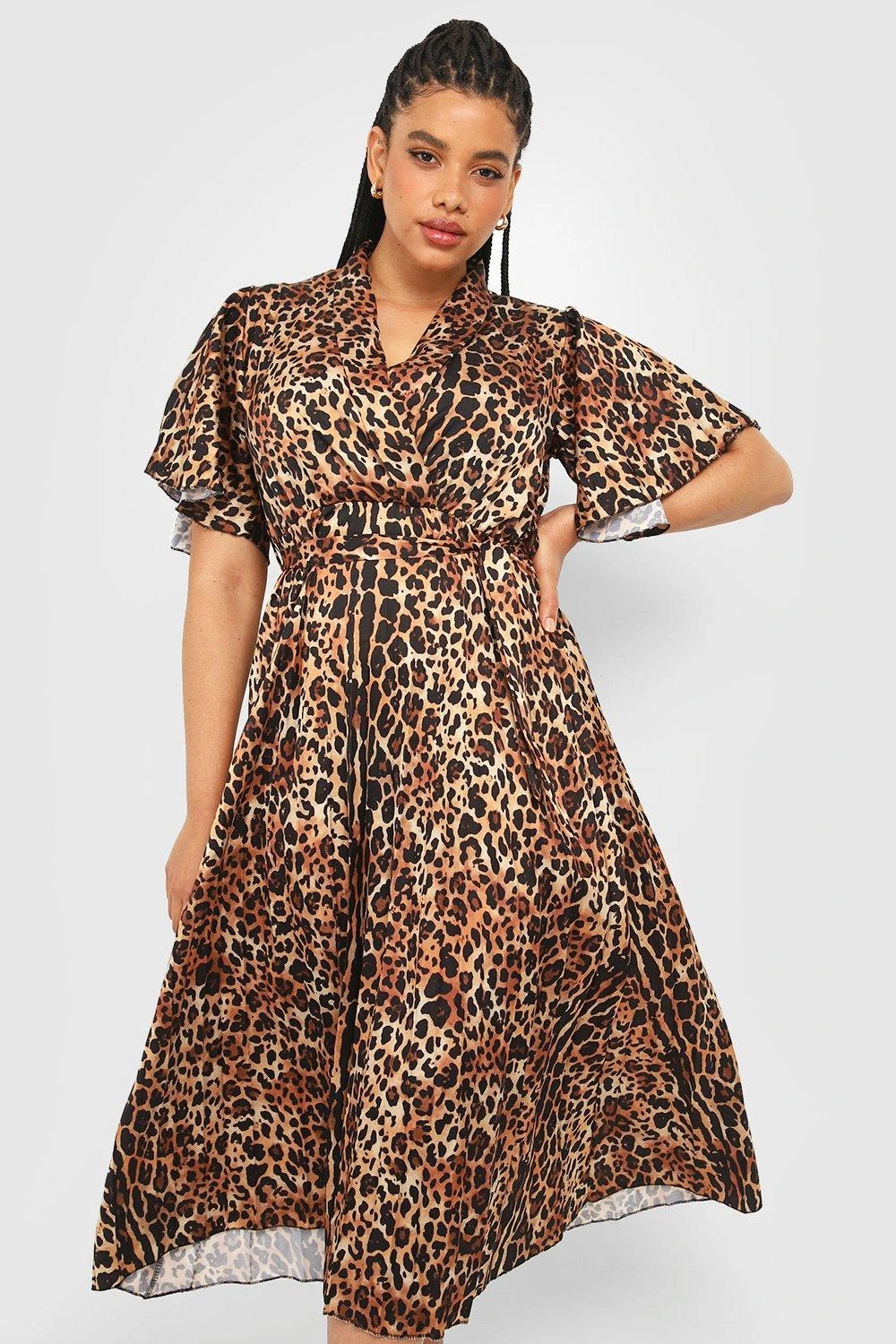 Vestito Midi Plus Size In Raso Leopardato A Pieghe 1 Vestito Midi Plus Size In Raso Leopardato A Pieghe