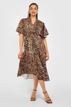 Vestito Midi Plus Size In Raso Leopardato A Pieghe 6 Vestito Midi Plus Size In Raso Leopardato A Pieghe -Negozio al dettaglio Vestiti gzz30503 brown xl 2