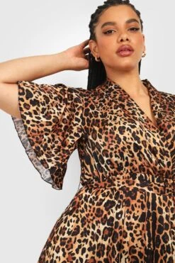Vestito Midi Plus Size In Raso Leopardato A Pieghe 7 Vestito Midi Plus Size In Raso Leopardato A Pieghe -Negozio al dettaglio Vestiti gzz30503 brown xl 3