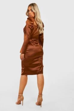 Vestito Midi Plus Size In Raso Stile Corsetto Con Ruches -Negozio al dettaglio Vestiti gzz30519 chocolate xl 1