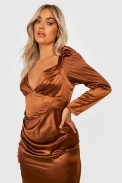 Vestito Midi Plus Size In Raso Stile Corsetto Con Ruches -Negozio al dettaglio Vestiti gzz30519 chocolate xl 2