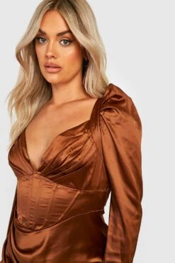 Vestito Midi Plus Size In Raso Stile Corsetto Con Ruches -Negozio al dettaglio Vestiti gzz30519 chocolate xl 3