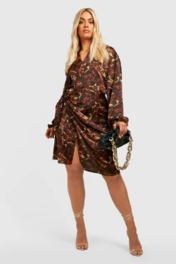 Vestito Scaldacuore Plus Size In Raso In Fantasia Cachemire E Leopardata -Negozio al dettaglio Vestiti gzz30521 brown xl 2