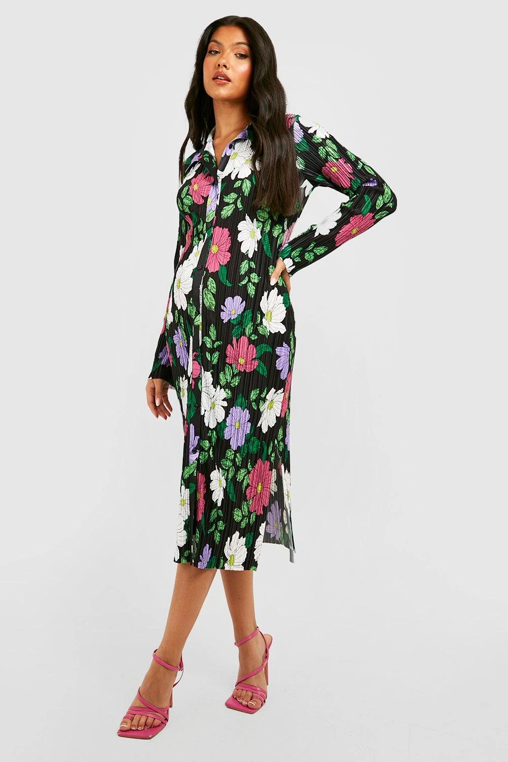 Vestito Midi Premaman Plissettato A Fiori Con Maniche Svasate 1 Vestito Midi Premaman Plissettato A Fiori Con Maniche Svasate