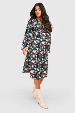 Vestito Midi Premaman In Chiffon A Fiori Con Arricciature