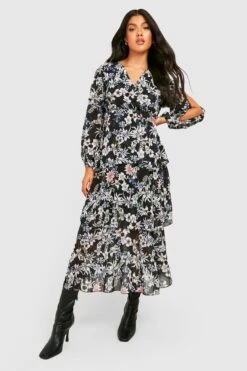 Vestito Longuette Premaman A Fiori Con Balze -Negozio al dettaglio Vestiti gzz30730 black xl 2