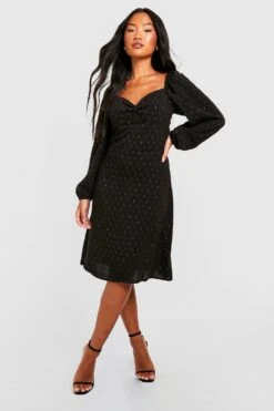 Vestito Midi Petite In Rete Plumetis Metallizzata Con Maniche A Sbuffo